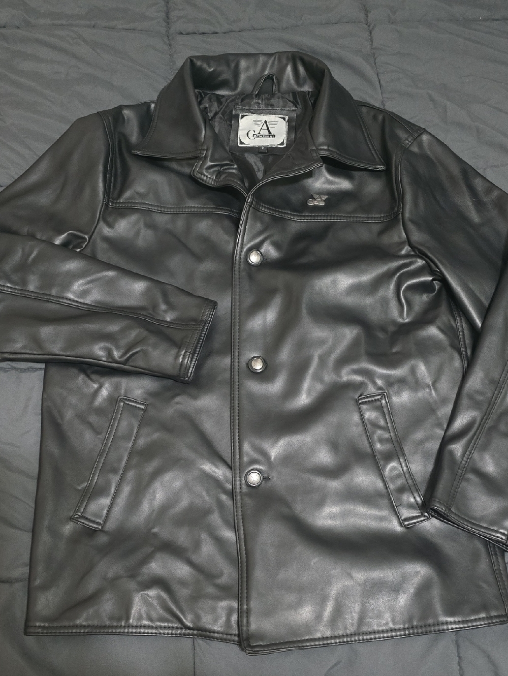 Vintage A. Collezioni Mens Black Leather Button-Up Jacket, Small